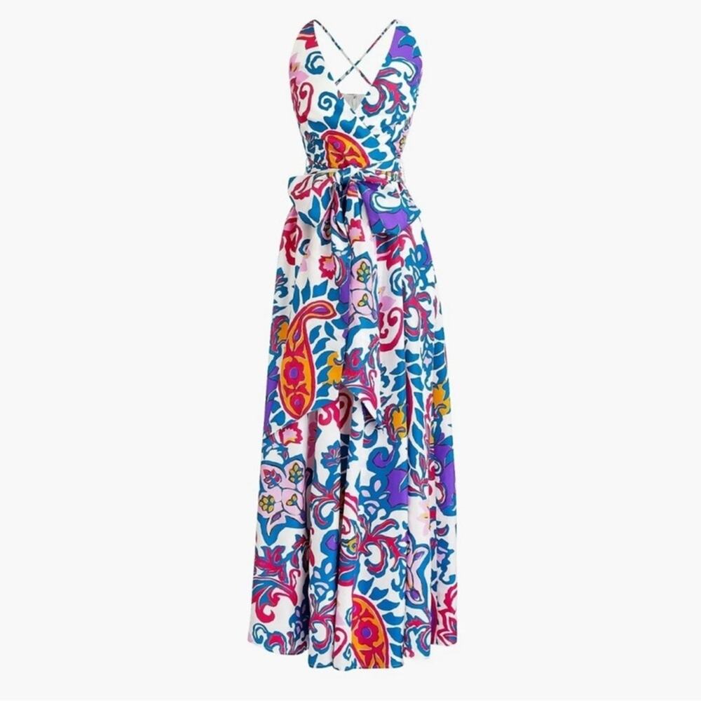 NWT NEW J.Crew Silk V-Neck Maxi Dress in Aja Ivory Painted Paisley Tie Waist - Picture 7 of 13